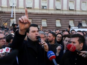 Albania's opposition Democratic Party leader Lulzim Basha delivers a speech during a protest against the government in front of Prime Minister Edi Rama's office, in Tirana - TA NEA - TA NEA
