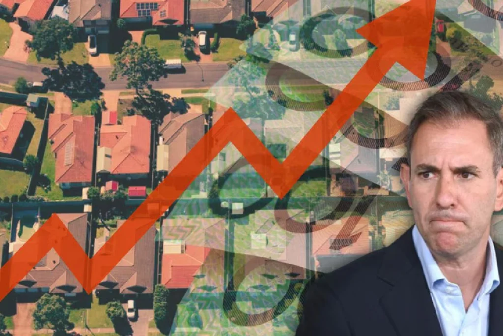 Man in a suit overlaid with a large red upward-arrow graph; suburban houses in the background, signaling real estate growth.