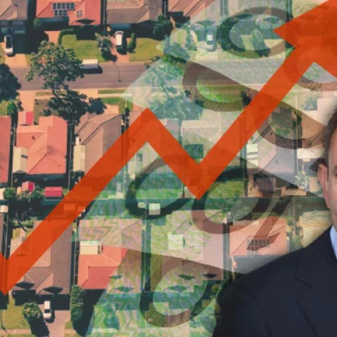 Man in a suit overlaid with a large red upward-arrow graph; suburban houses in the background, signaling real estate growth.