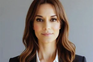 Professional headshot of a woman with long brown hair, wearing a blazer and white blouse, neutral gray background