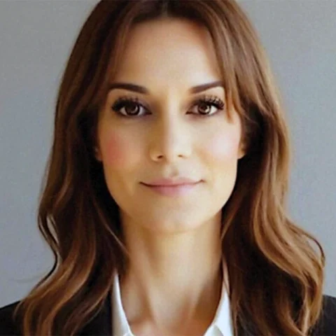 Professional headshot of a woman with long brown hair, wearing a blazer and white blouse, neutral gray background