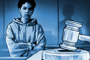 Young person in a hoodie stands with arms crossed beside a large courtroom gavel on a desk, blue-toned illustration.