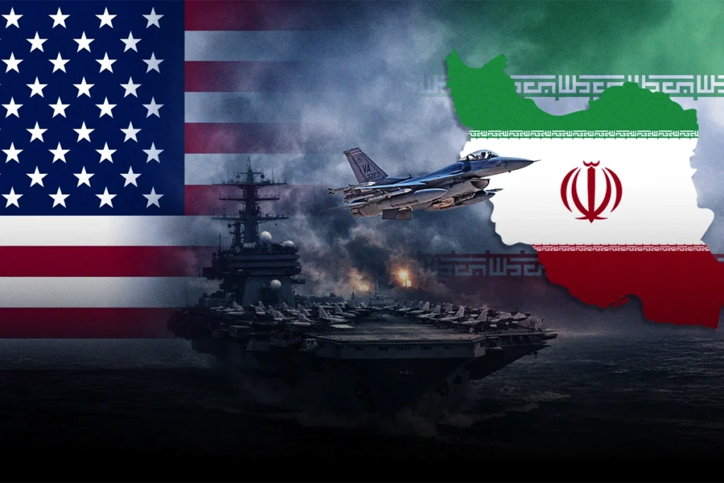 Flags of the United States and Iran backdrop a naval battle scene with a fighter jet and an aircraft carrier amid smoke and explosions near Iran’s map silhouette on the right.