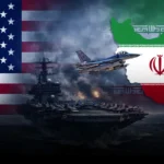 Flags of the United States and Iran backdrop a naval battle scene with a fighter jet and an aircraft carrier amid smoke and explosions near Iran’s map silhouette on the right.