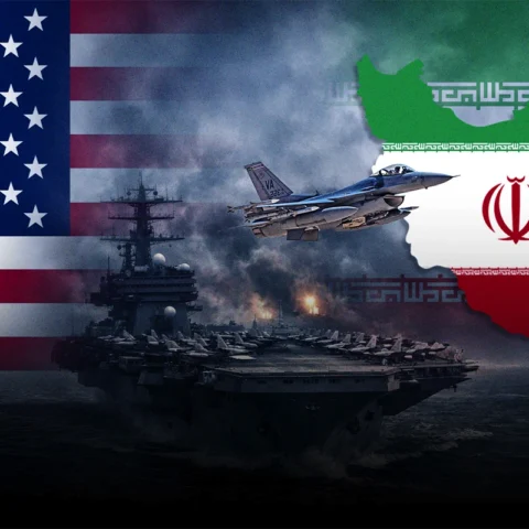 Flags of the United States and Iran backdrop a naval battle scene with a fighter jet and an aircraft carrier amid smoke and explosions near Iran’s map silhouette on the right.